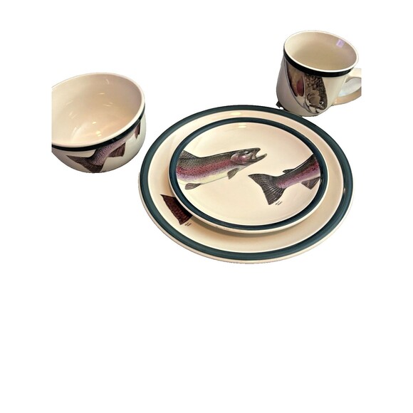 Trout Fish Place Setting-Dinner Plate Bowl Mug Saucer Wild Wings Geoff Hager1998 - Picture 2 of 6